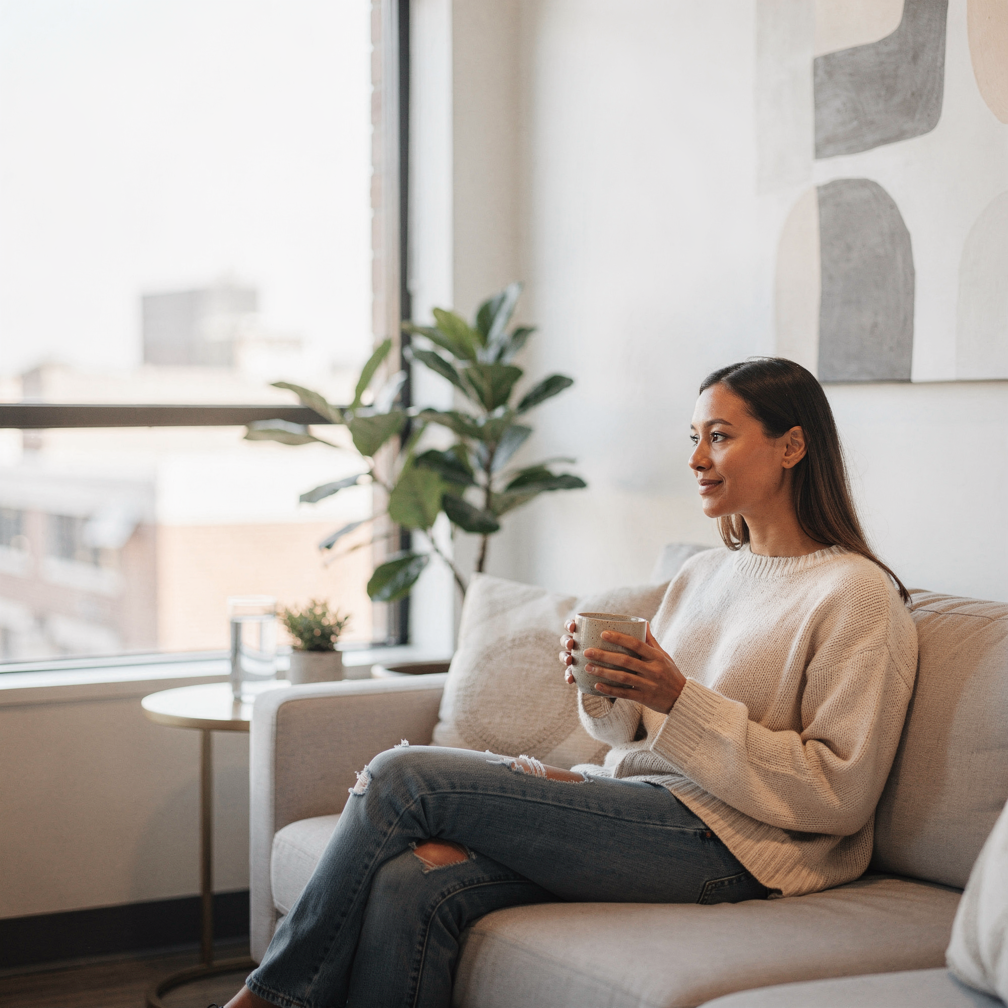 Woman sitting on a couch in a bright, modern office holding a warm beverage and smiling